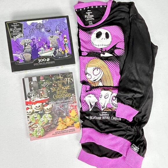 Lot of 3 Disney Nightmare B4 Christmas: Puzzle + Sleep Shirt XL 16-18 + Cookbook - Picture 1 of 16